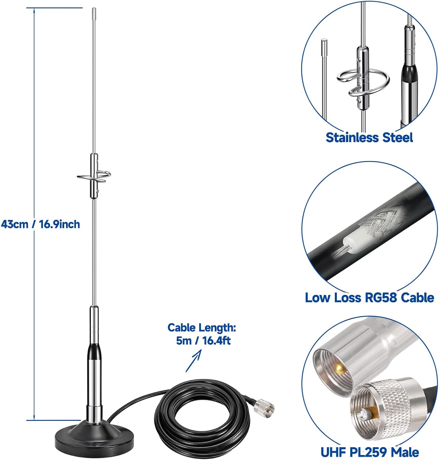 Bingfu Vehicle Mobile Ham Radio High Gain Antenna Dual Band VHF UHF 136-174MHz 400-470MHz Anti-Rust Antennas with Magnetic Base 16.4ft Cable for Marine Car Truck Amateur Two Way Radio
