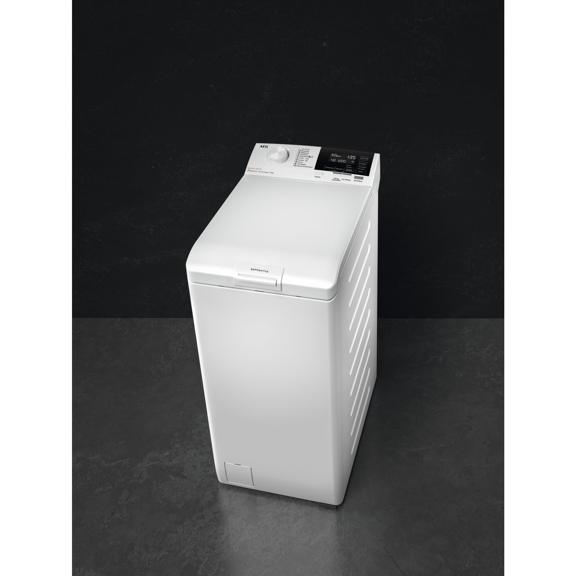 AEG Lavatrice Carica dall'Alto Serie 6000 LTR6G37A, 7 kg, Classe A, Tecnologia ProSense, Display LCD Touch, Eco TimeSave,1251 giri/min, Design Compatto, Soft Opening, 599x397x903 mm, Bianco