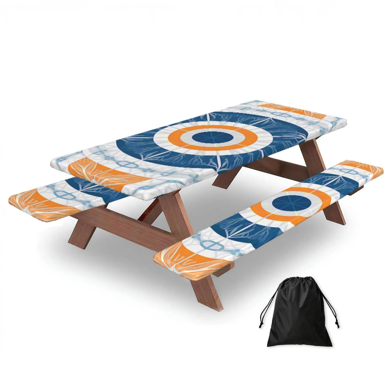 FekiLoot Art Deco Sunset Picnic Table Cover with Bench Covers and Bag, Windproof Waterproof Rectangle Tablecloth with Elastic Edges Fitted Camping Table Covers Portable Camping Accessories