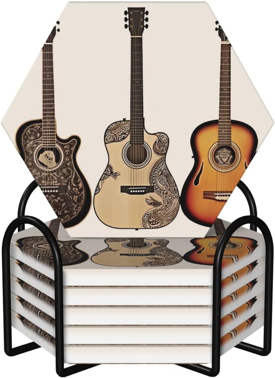 KHiry ドリンクコースター6枚セット セラミックコースター ホルダー付き ギター ラウンドコースター ドリンク用 卓上保護 カッ