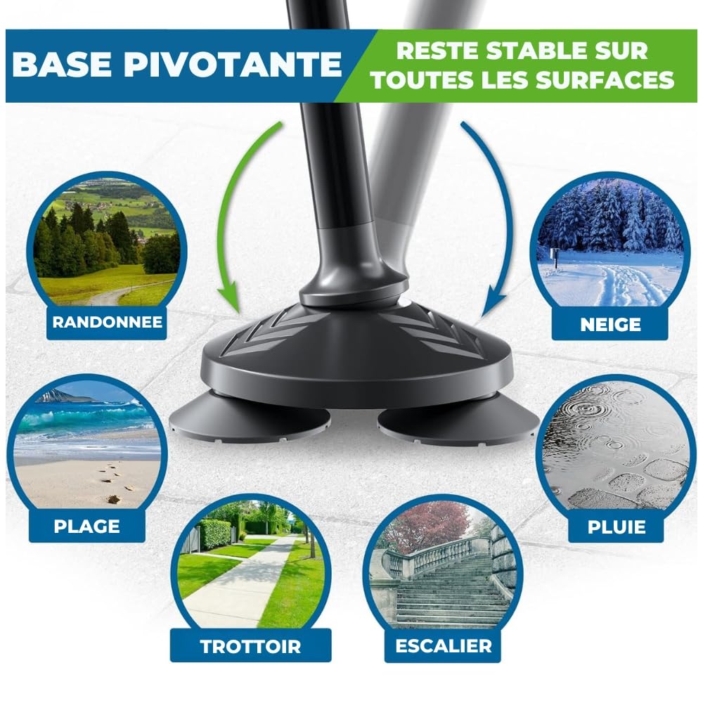 HONEYBULL Canne de Marche Tripode Pliable pour Homme et Femme, Réglable en Hauteur, Base Antidérapante Tout Terrain, Canne en Aluminium Robuste et Légère pour Seniors et Aide à la Mobilité