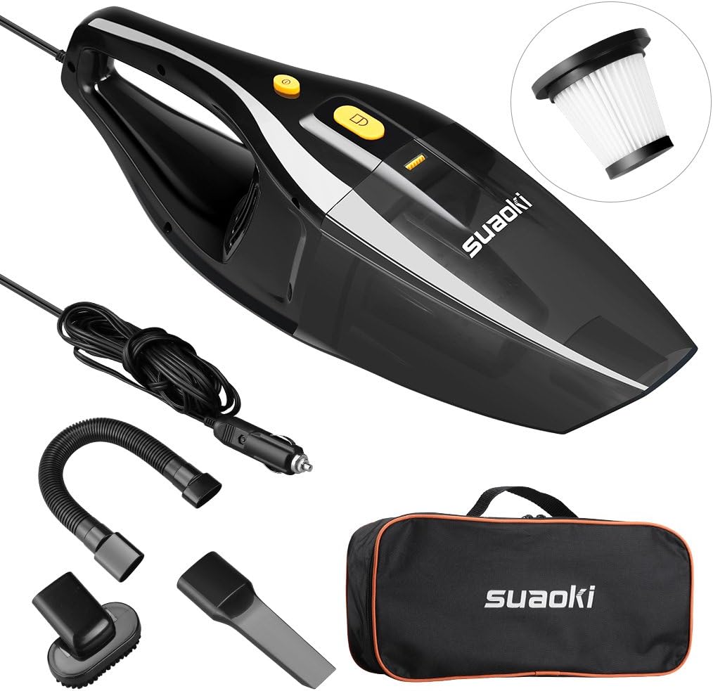 SUAOKI Car Vacuum Cleaner 2 HEPA Filters 5 Meters Long Power Cord Wet Dry Powerful Suction 120W 4000Pa with Carrying Bag 3 Attachments - DC 12V Portable Hand Held Vacuum Cleaner