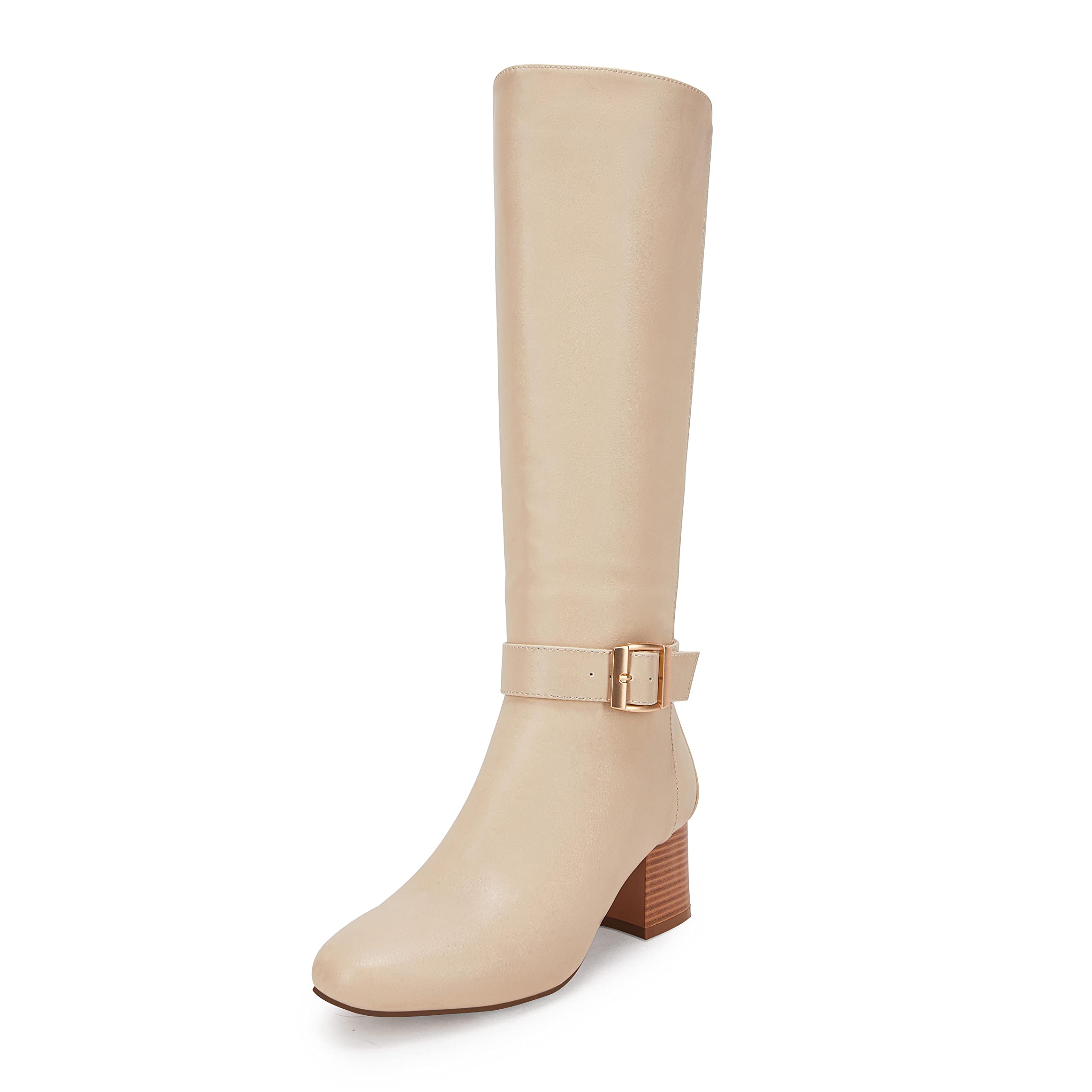 Coutgo Womens Knee High Boots Round Toe Stacked Chunky Heel