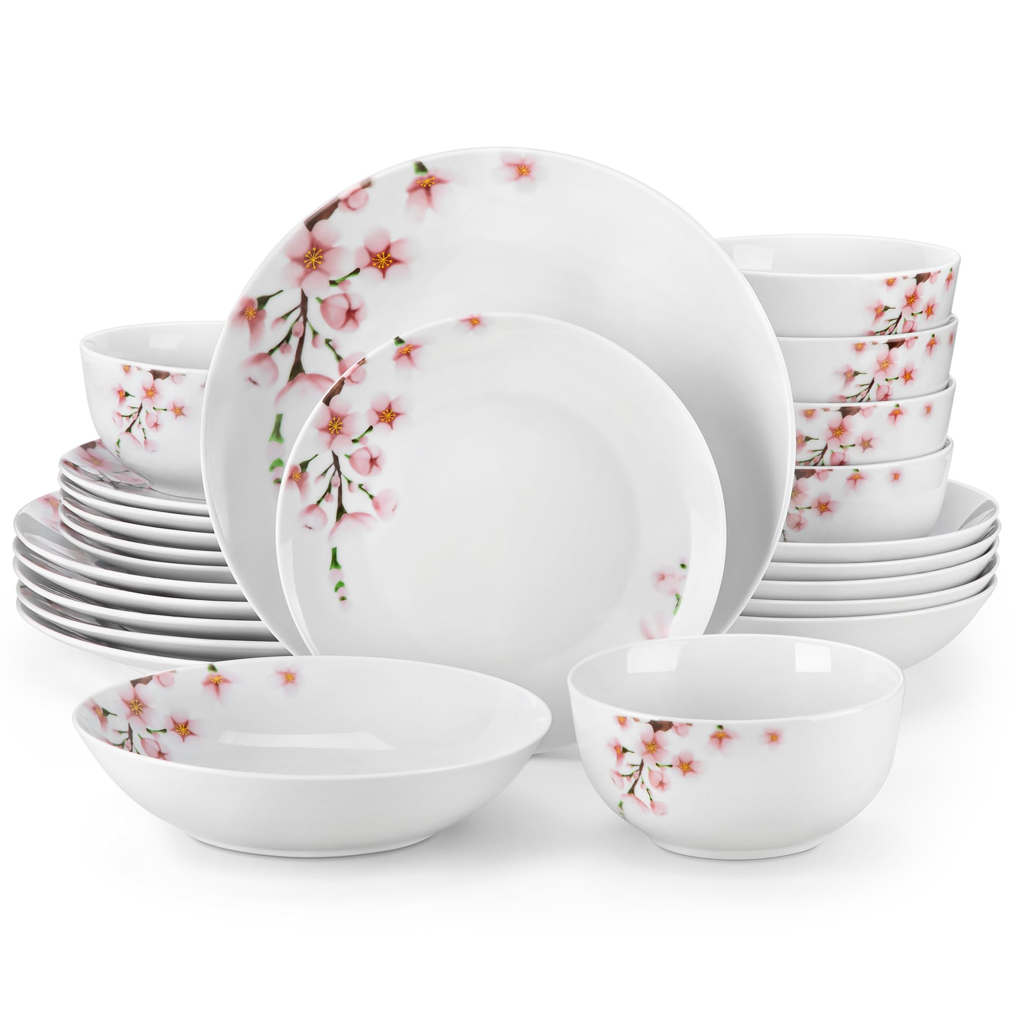 VEWEET 24 Pieces Dinnerware Sets for 6, Porcelain Plates and Bowls Set with Pink Floral, Classic Dishes Set Dining Ware for Dinner, Microwave and Dishwasher Safe, Series ANNIE