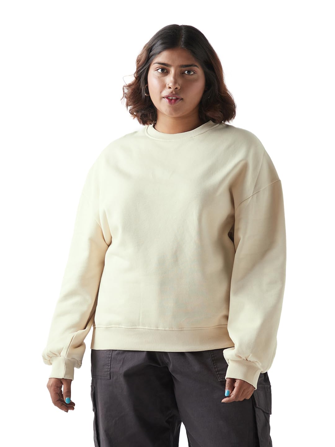 bewakoof Women's Solid Oversized Fit Full Sleeve Round Neck Fleece Blend Plus Size Sweatshirt-picture-15
