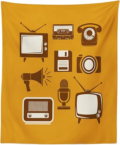 Miniatura 4 de Ambesonne TV Show Tapestry Twin Size, Retro Electronic Media Megaphone Radio Telephone Cassette, Wall Hanging Bedspread Bed Cover Wall Decor, 68" X