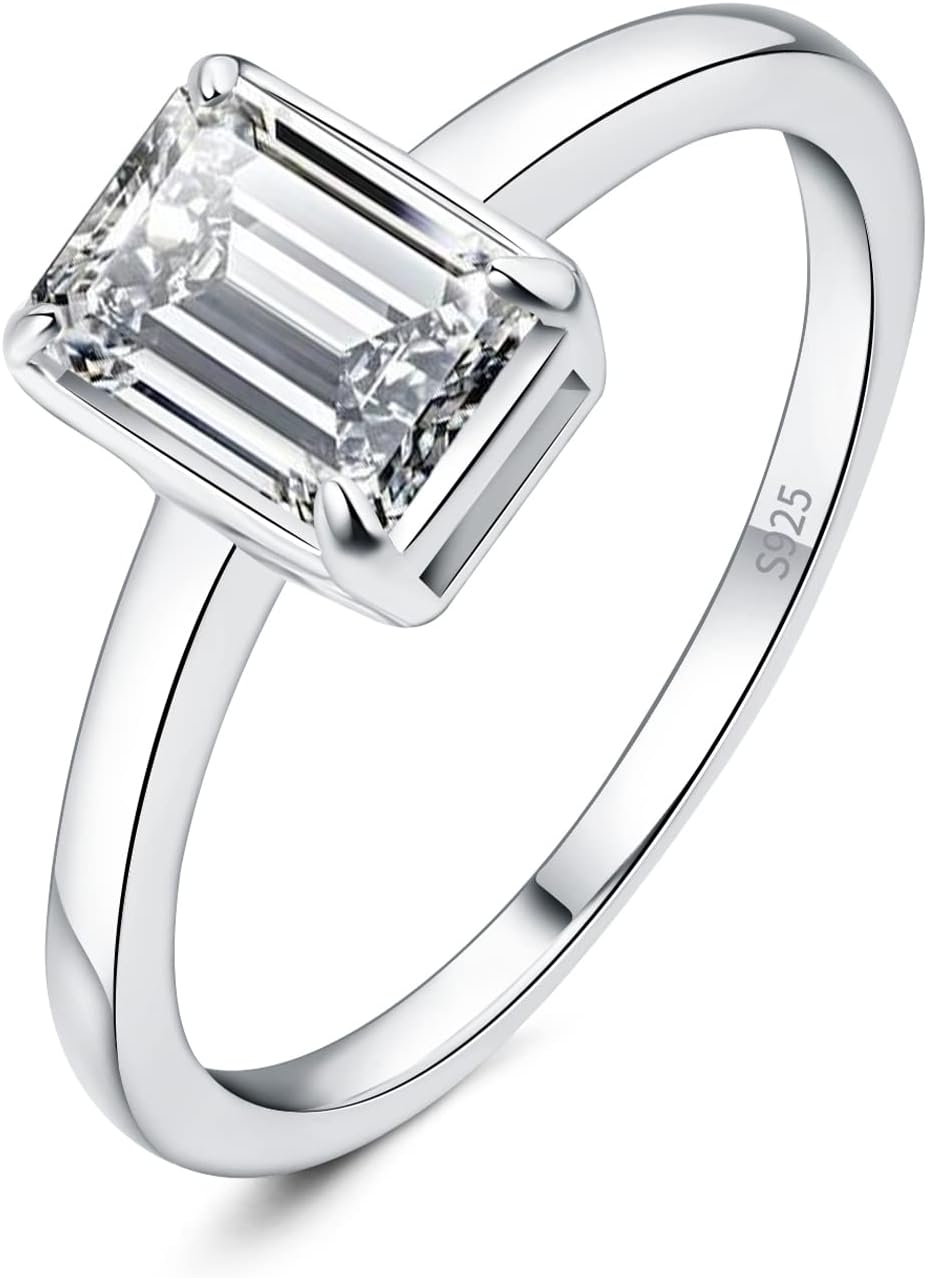 ewelryPalace Classic 1ct Emerald Cut Moissanite Solitaire Engagement Rings for Women, 925 Sterling Silver Promise Ring for Her, Simulated Diamond Anniversary Wedding Rings D-F VVS