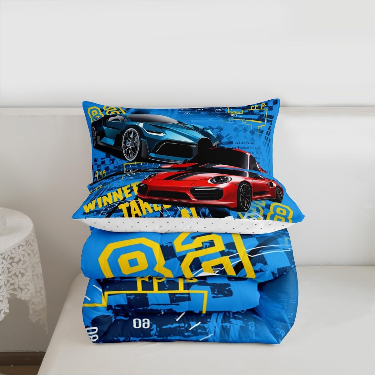Castle Fairy Sports Car Comforter Set Queen Size,Race Car Bedding Set Kids Young Man,Speed Race Sport Cars Comforter for Teen Child Room Decor,Extreme Sports Theme Quilted Duvet Set with 2 Pillowcase