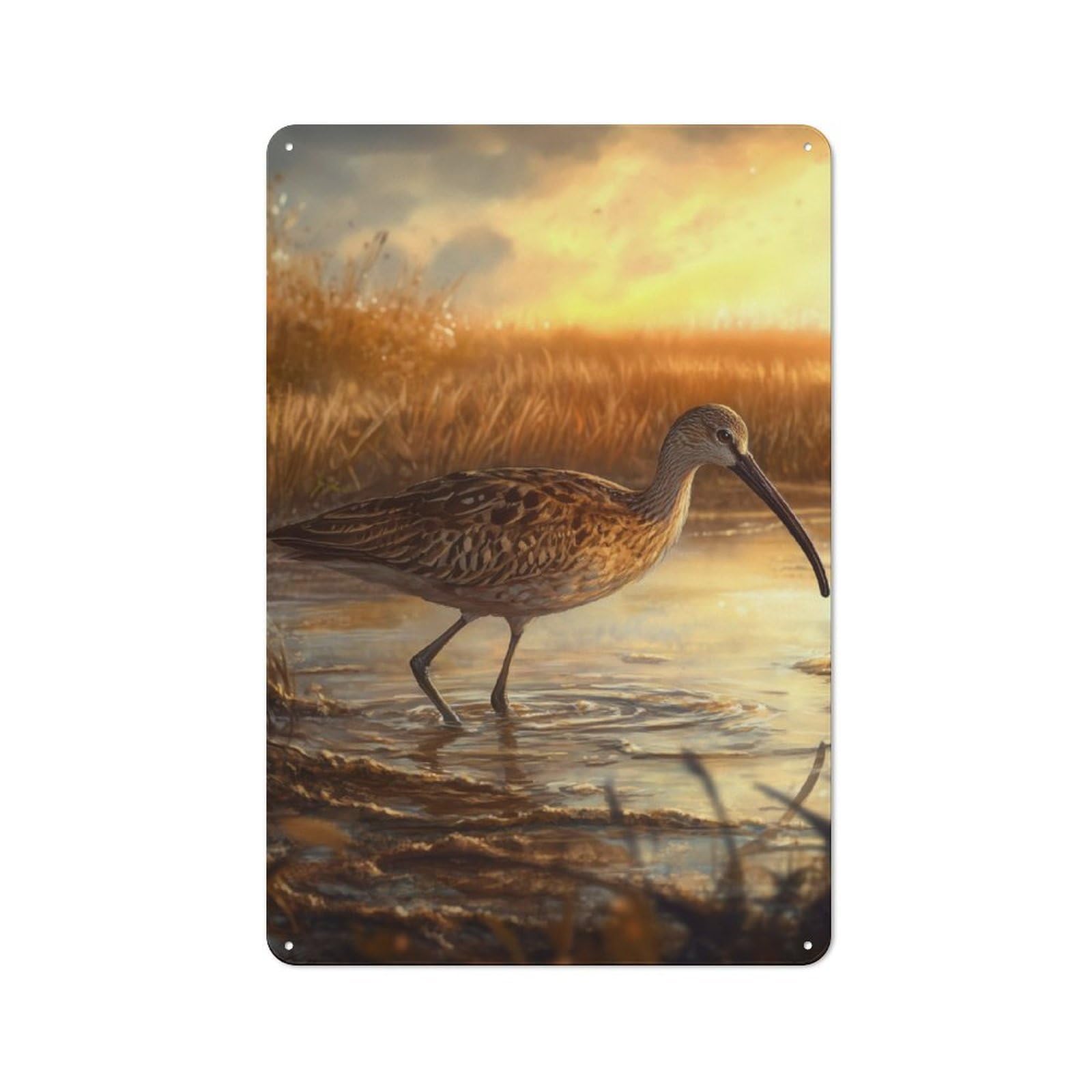 Junmoney Long-Billed Curlew At Sunset Retro Metal Plaque 30X20cm For Lounge Or Reading Corner, Winter Wall Decor For Reading Corner Decorators
