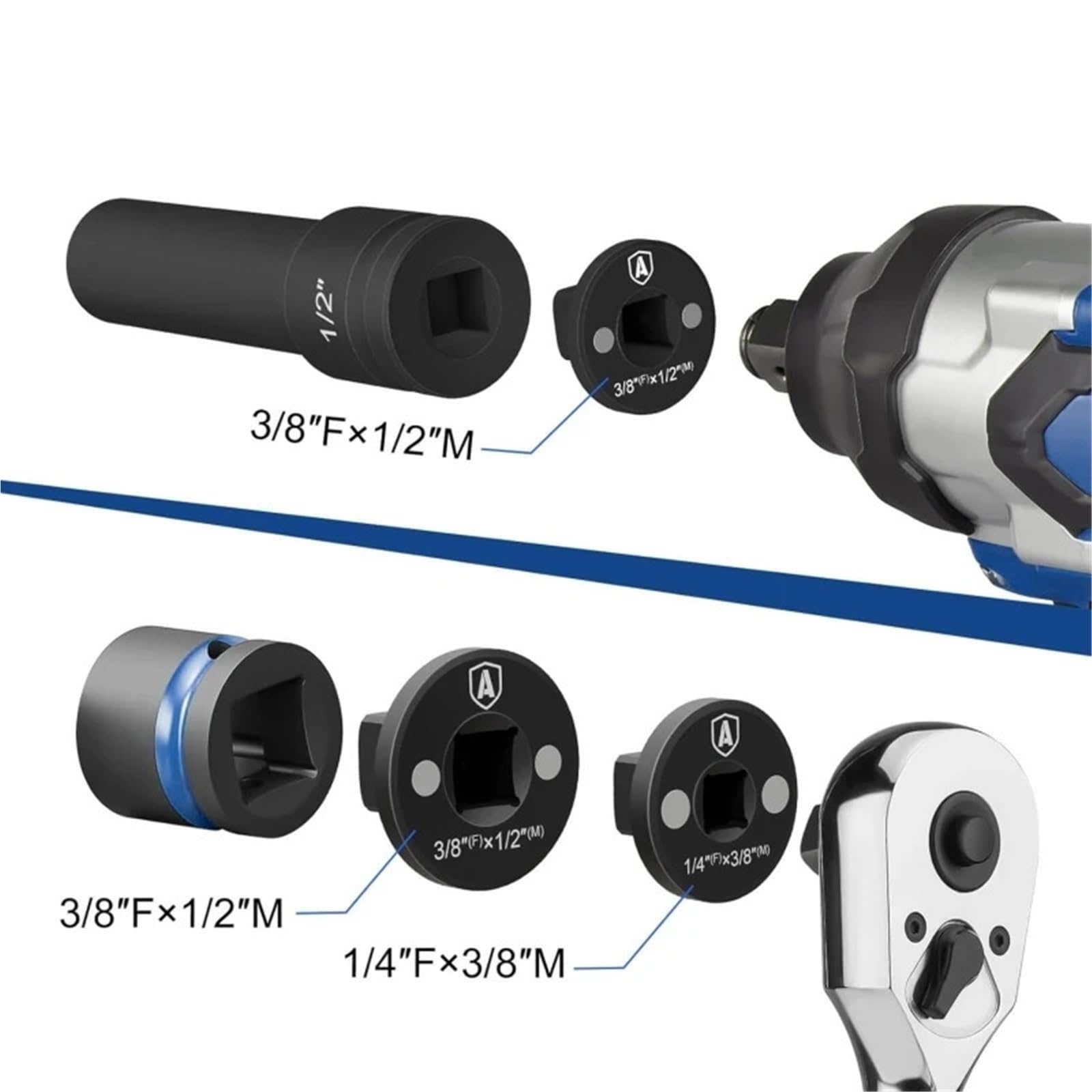 Set adattatori Per prese a impatto a basso profilo, cricchetto Per convertitore in acciaio Per carichi pesanti Set di prolunghe(4Pcs Set Black)