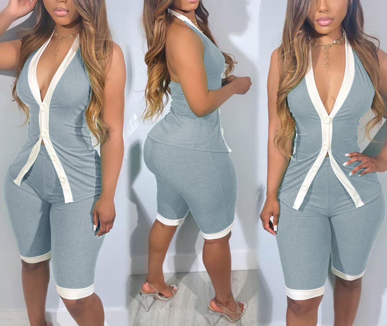 Womens 2 Piece Shorts Set Summer Ribbed Y2K Halter V-Neck Button Vest Sets for Party Outings Tracksuits Romper Set - Image 3