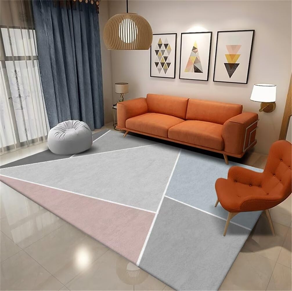 Tapis de salon gris et rose 60x110cm lavable en machine style géométrique