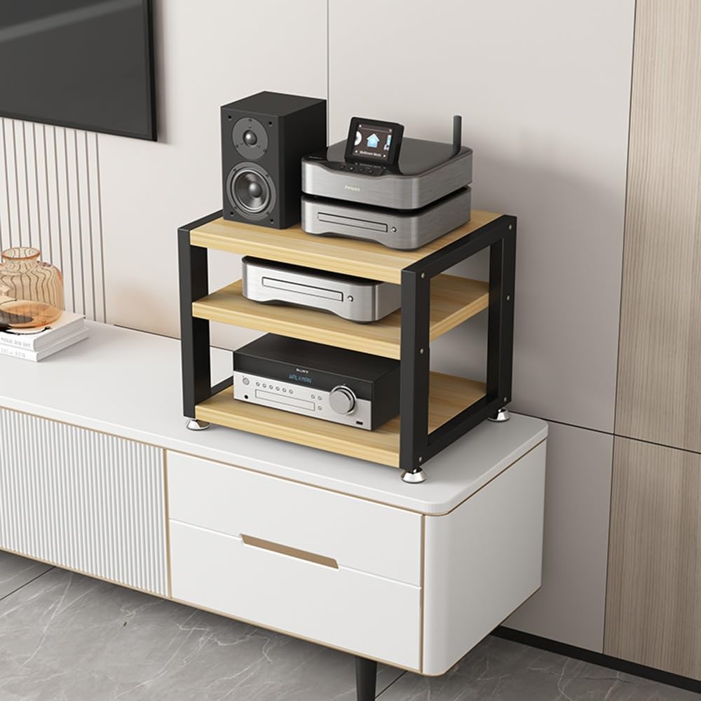 Supporto audio da tavolo in legno con 3 ripiani AV Media Stand per piccole apparecchiature stereo HiFi Cabinet per cuffie amplificatore lettore CD e archiviazione multimediale in finitura noce