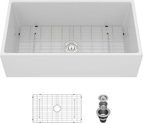 Miniatura 7 de Lordear - Fregadero de cocina blanco de 36 pulgadas, fregadero de cocina de arcilla refractaria de casa de campo, cuenco individual de 36 x 20 x 10