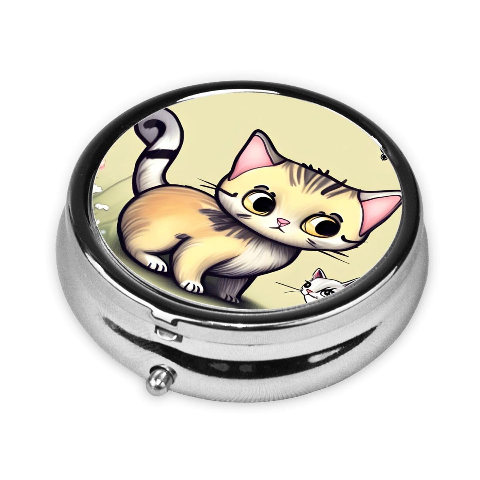 Cute 3-Compartments Round Pill Box Cat and Butterfly Small Pill Case Portable Medicine Dispenser,for Pocket Purse