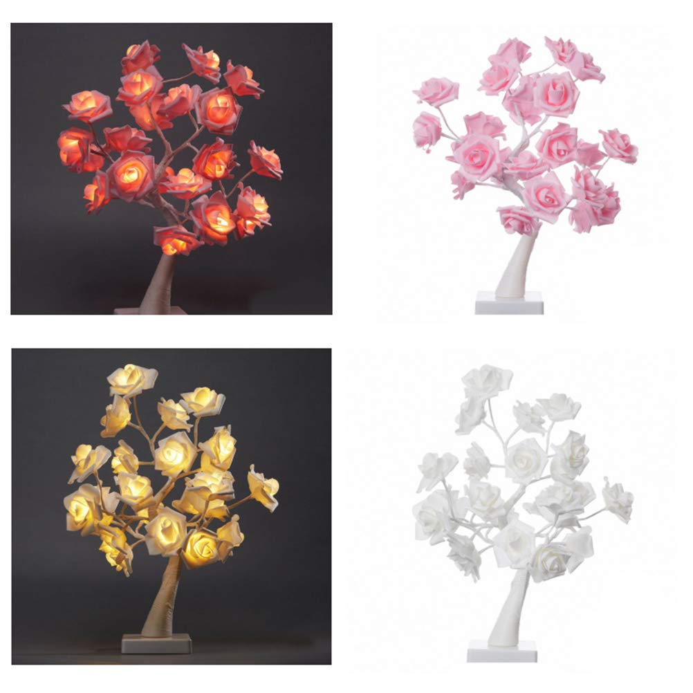 Syrisora ​​Bureau Rose bonsaï Arbre Lampe 24 LED Arbre Lampe alimenté par Batterie Lumière Décorative pour Salon Chambre (Rose)