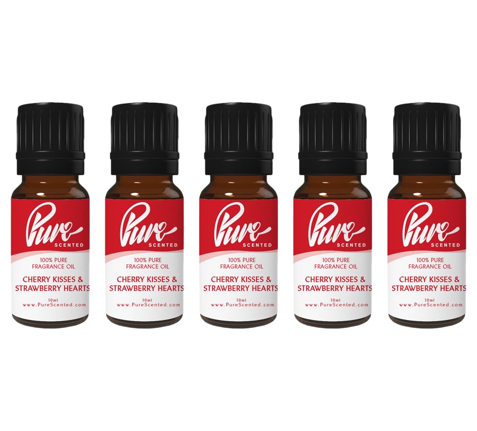 Pure Scented 50ml Fragrance Oils - 5 x 10ml Suitable for Candles, Soaps, Slime, Diffusers, Cosmetics, Wax Melts, Designer (5 x 10ml, Cherry Kisses & Strawberry Hearts)
