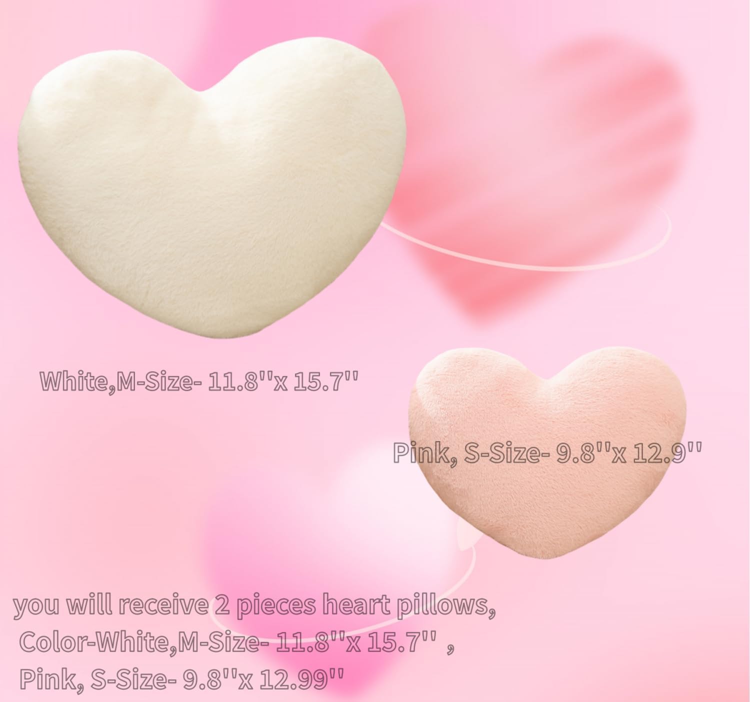 CANGHI 2 Pcs Heart Pillows Pink White Love Heart Shaped Throw Pillows Valentines Wedding Anniversary Faux Rabbit Fluffy Decorative Cushions for Livingroom Bed Sofa Car Couch Home Decor Aesthetic