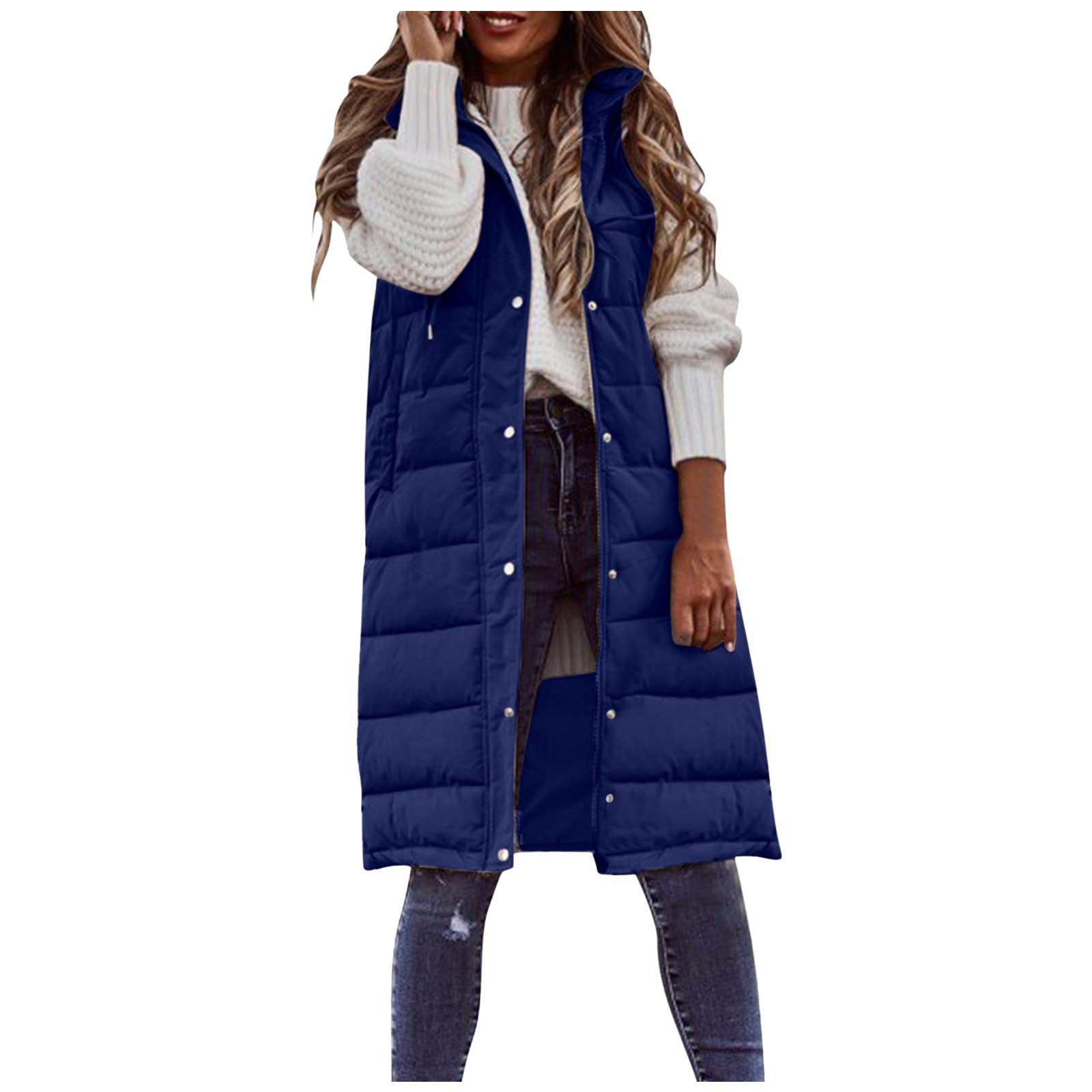 Chaleco de mujer con capucha - Chaleco acolchado ligero para mujer, chaleco acolchado cálido, abrigo largo acolchado, abrigo de invierno, sin mangas, chaqueta para actividades de senderismo, oficina