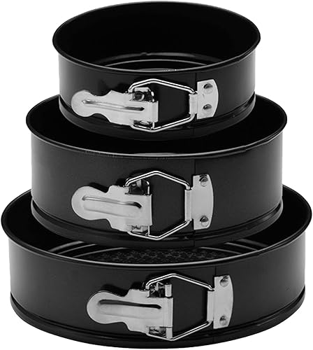 Springform - Juego de 3 moldes antiadherentes para tartas de queso, a prueba de fugas, moldes redondos negros para hornear pasteles, resorte de