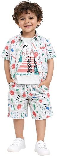 allkind Trendy Boys 3-Piece Printed Summer Outfit Set – Shirt, Tee &amp; Shorts