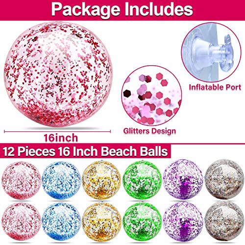 Inflatable Beach Balls Bulk Jumbo 16" Glitters Pool Toys Balls For Pool, Beach, Summer Pool Party - Swimming Pool Game Water Beach Toys Kid Party Favor Luau Decorations Blow Up Beach Ball (12 Pack) #TOP3