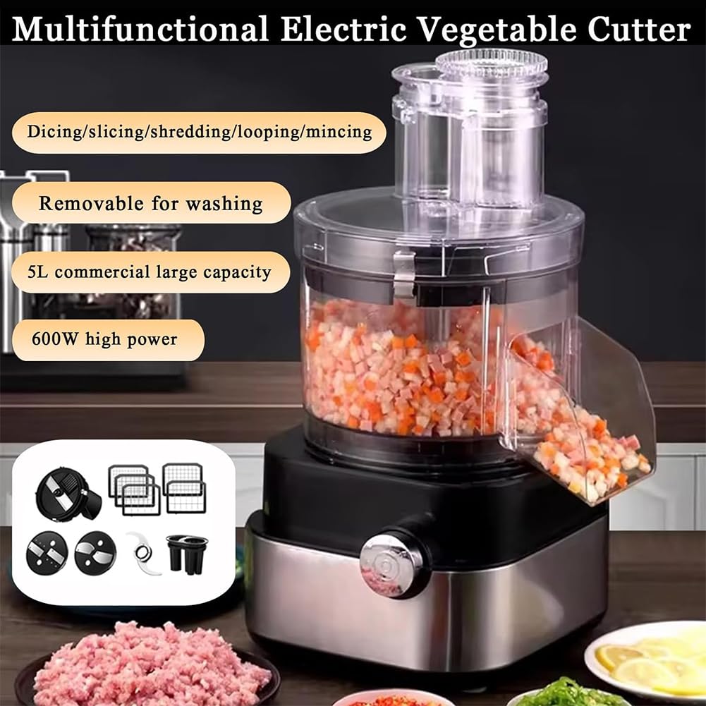 Picadora eléctrica de verduras, procesador de patatas de 600 W con 5 moldes de acero inoxidable, capacidad de 5000 ml para uso comercial y doméstico