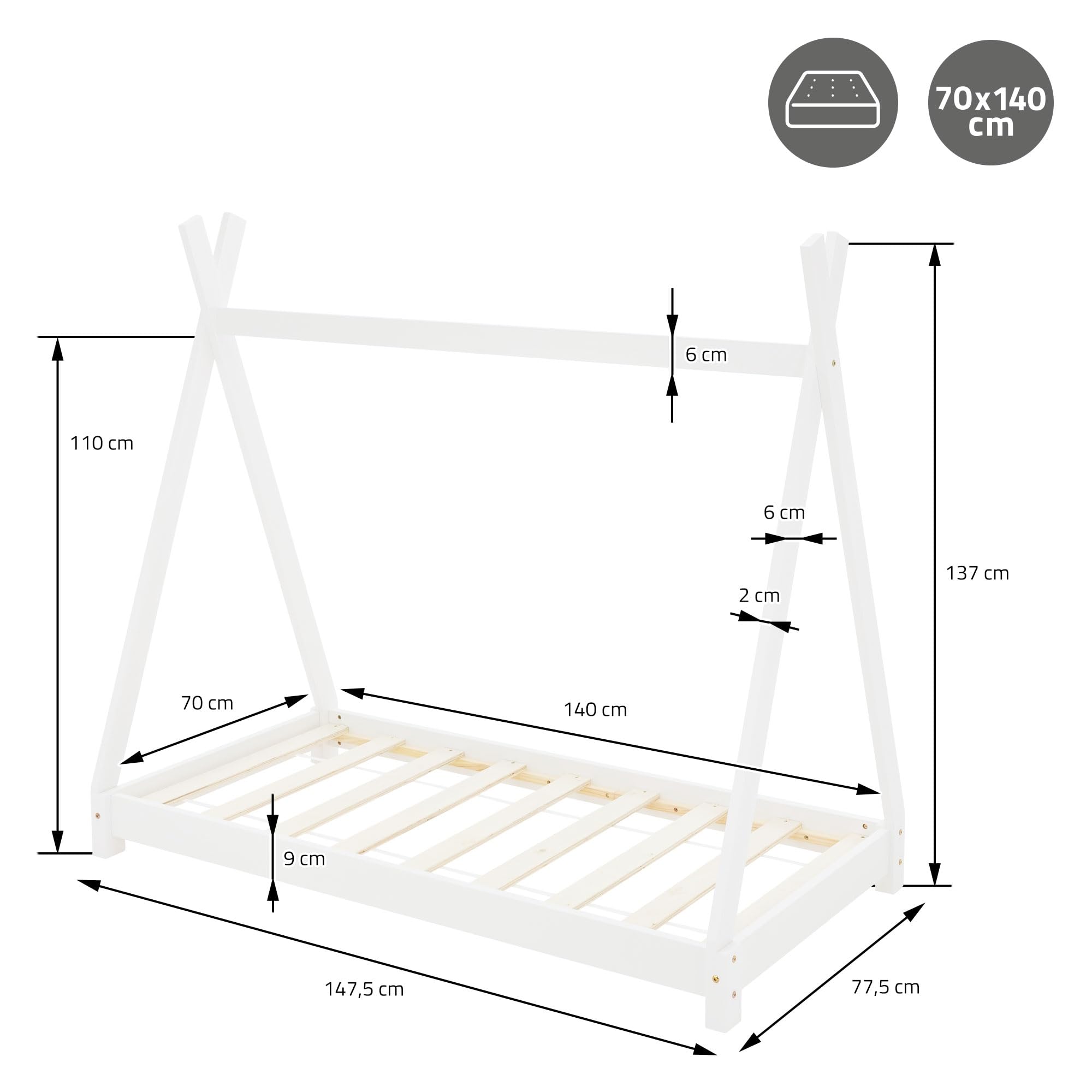 ML-Design Kinderbett Tipi 70x140 cm Weiß mit Matratze & Lattenrost, Indianer Bett aus Kiefernholz, Hausbett für Mädchen & Jungen, Bodenbett Kinderhaus Jugendbett Holzbett Bettenhaus Spielbett Zelt