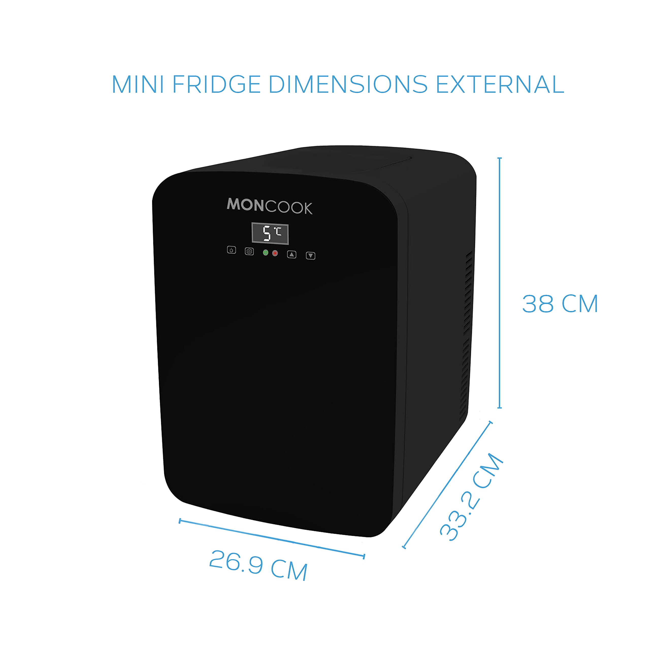 MONCOOK Mini Fridge For Bedrooms - Digital LED Display - Glass Door Mini Fridge For Skincare, Food & Drinks - Cooling & Warming Function - Perfect For Home, Office, Car Or Travel - 15L Black