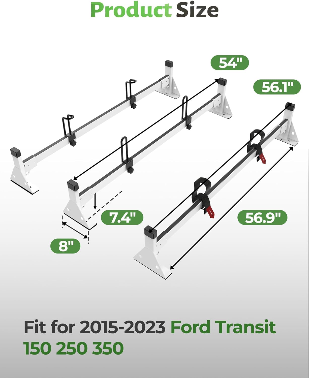 StarONE 54" Van Ladder Rack,Van Roof Rack Fit for 2015-On Ford Transit 150 250 350,White,3 Bars,800lbs