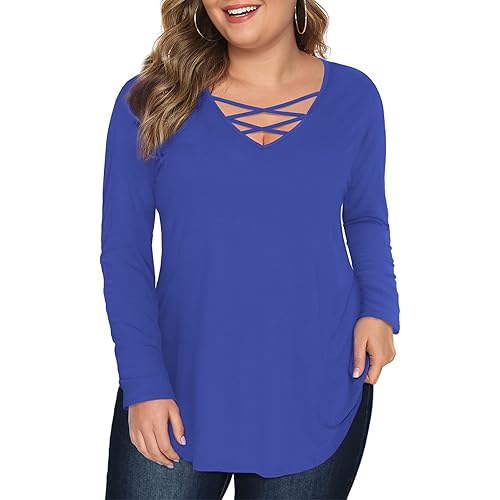 Amoretu Womens' Plus Size Tops with Short/Long Sleeve Criss Cross Neck