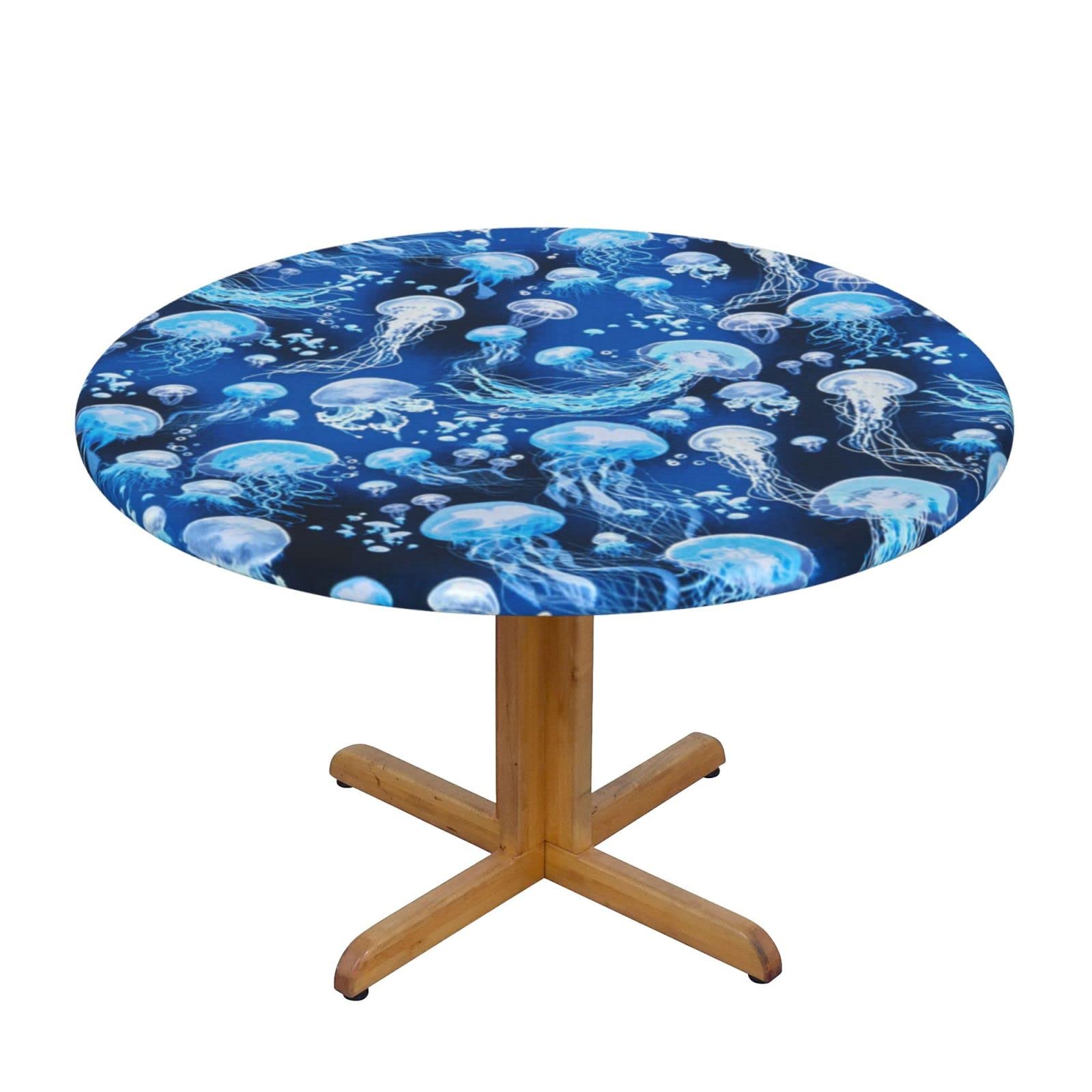 Lsjuee Round Fitted Tablecloth 40-44in Elastic Edged Table Cloth for Kitchen Dining Party Home Decor - Vintage Jellyfish Ocean Blue