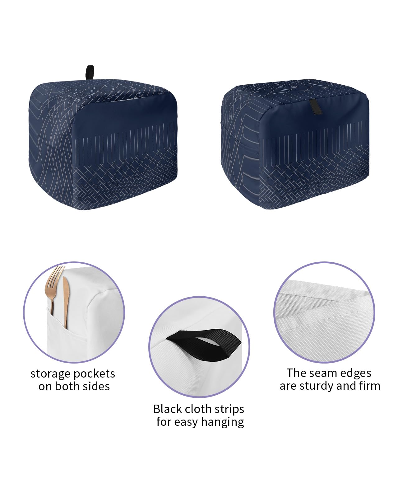 Navy Blue White Geometric 4 Slice Toaster Cover, Large Kitchen Appliance Cover, Modern Herringbone Abstract Art With Loop, Bread Machine Polyester Dust Protection