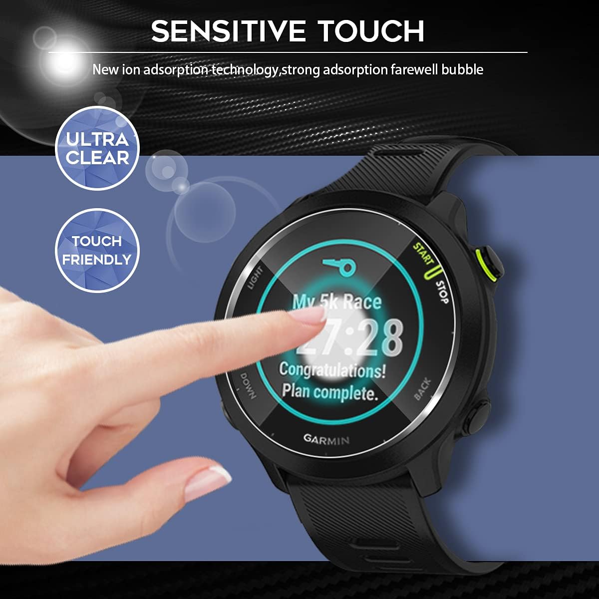 orzero 4 pack tempered glass screen protector compatible for garmin forerunner 55 high definition 2 5d arc edges 9 hardness bubble free lifetime r