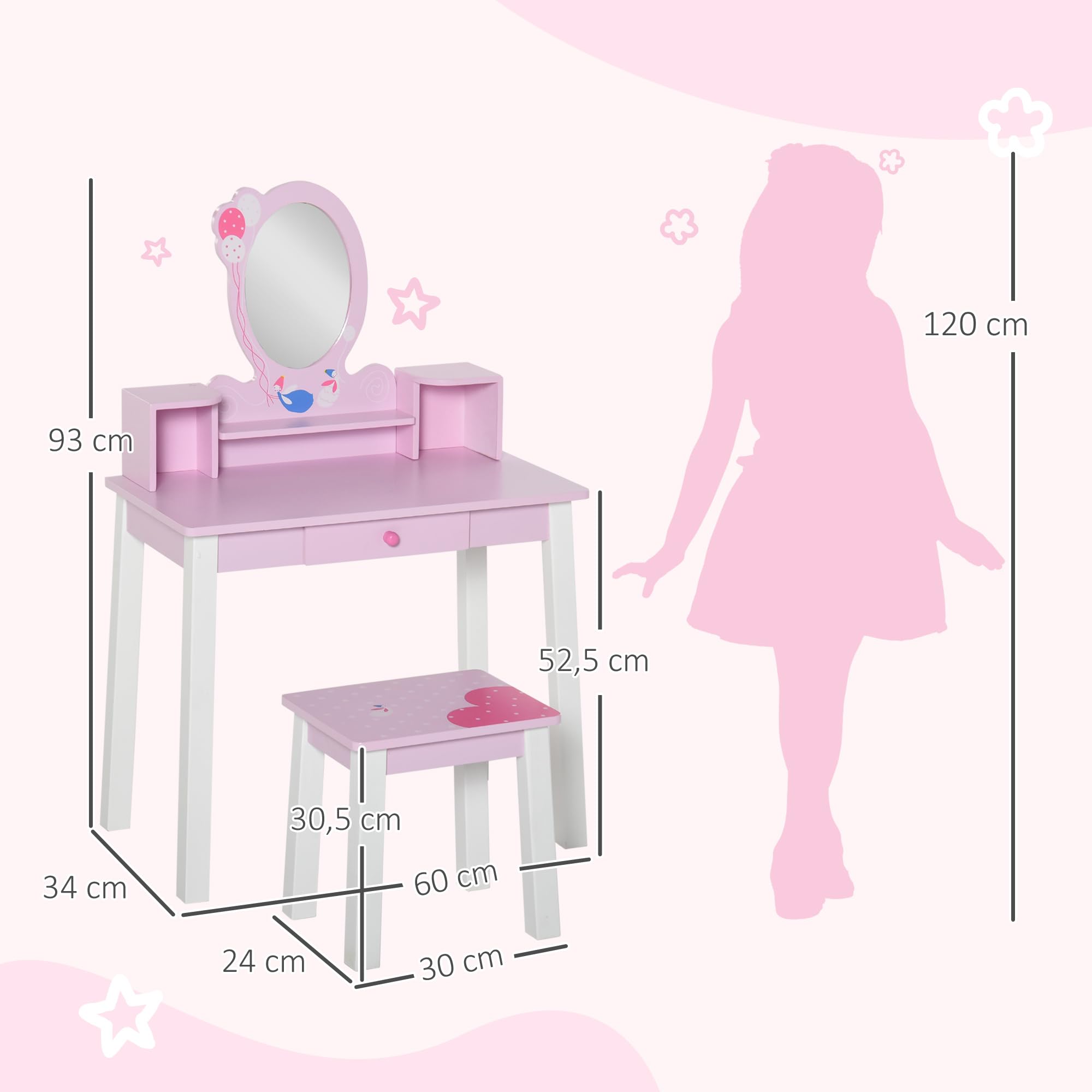 Coiffeuse Enfant HOMCOM Avec Tabouret - Table Maquillage Rose Blanc 60x34x93cm
