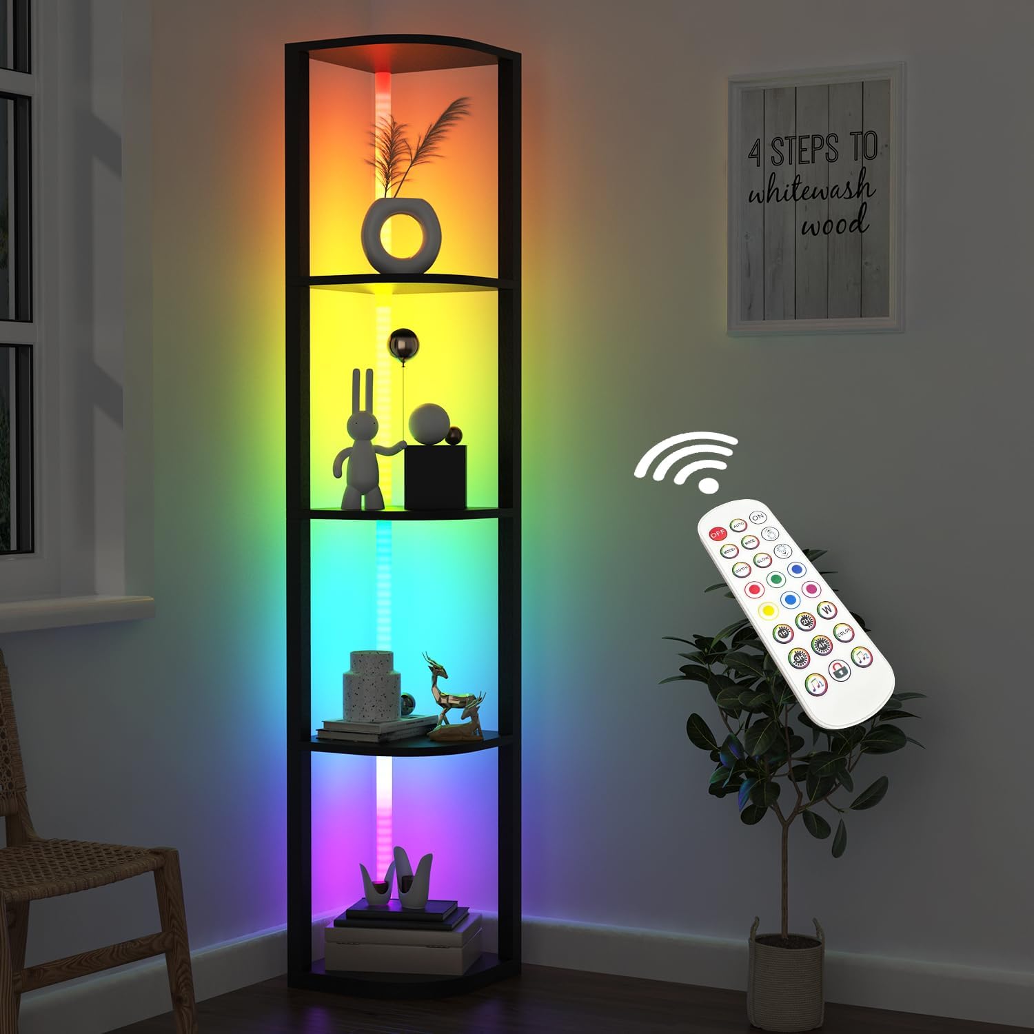 ROJASOP 5-Tier Corner Shelf with RGB Lights - App/Remote Control, Dimmable Display for Collectibles, Living Room Bedroom Floor Lamp