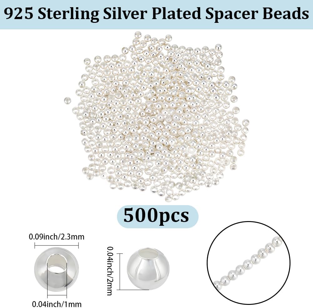 Beebeecraft 1 Box 500Pcs Silver Ball Spacer Beads Bulk 925 Sterling Silver Plated Brass Metal 2.3mm Round Smooth Mini Loose Bead with Hole for Jewelry Making Bracelet Necklace DIY Craft Findings