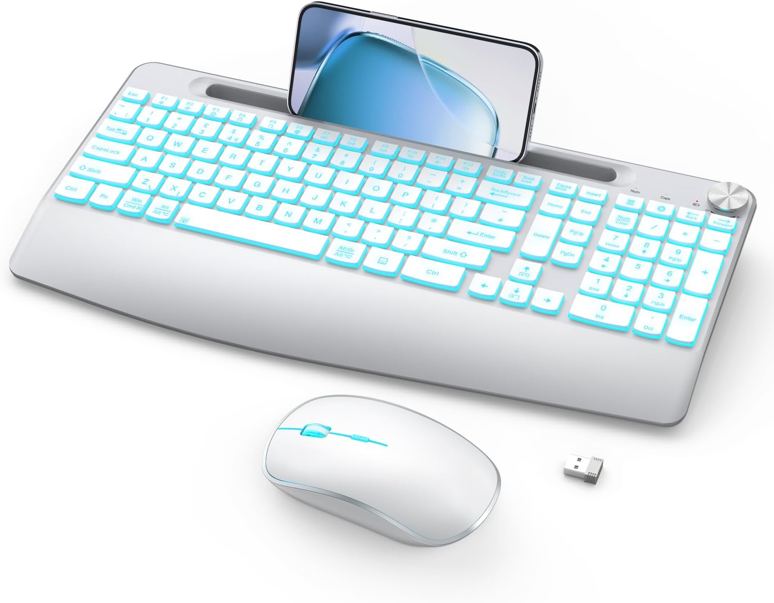 Rechargeable Wireless Keyboard and Mouse Combo - Full-Sized Keyboard with 7-Colors, Wrist Rest, Phone Holder, Volume Knob, 2.4GHz for Computer, Laptop, PC, Mac, Windows - Silver