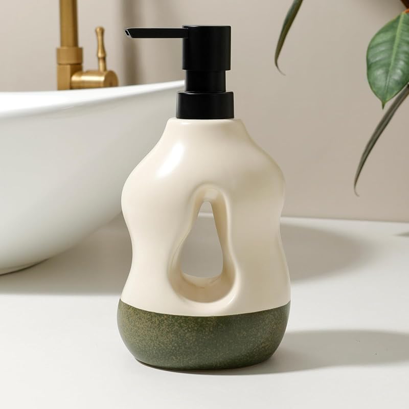 Dispensador de Sabonete Líquido BosilunLife em Cerâmica Bege com Base Verde-Sálvia, 450 mL