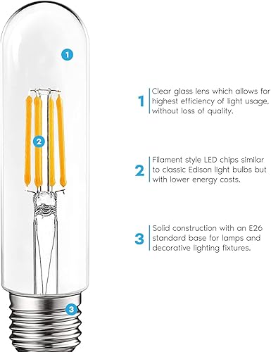 Miniatura 9 de LUXRITE Bombilla LED T10, equivalente a 5 W  60 W, blanco suave de 3000 K, bombilla de filamento Edison vintage, 500 lúmenes, bombilla tubular,