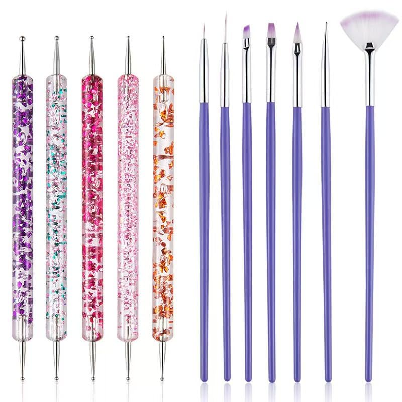 Nail Art Brushes Dotting Tools Dust Brush Striping Liner Fingernail Drawing Pens with Palette Holder All in One