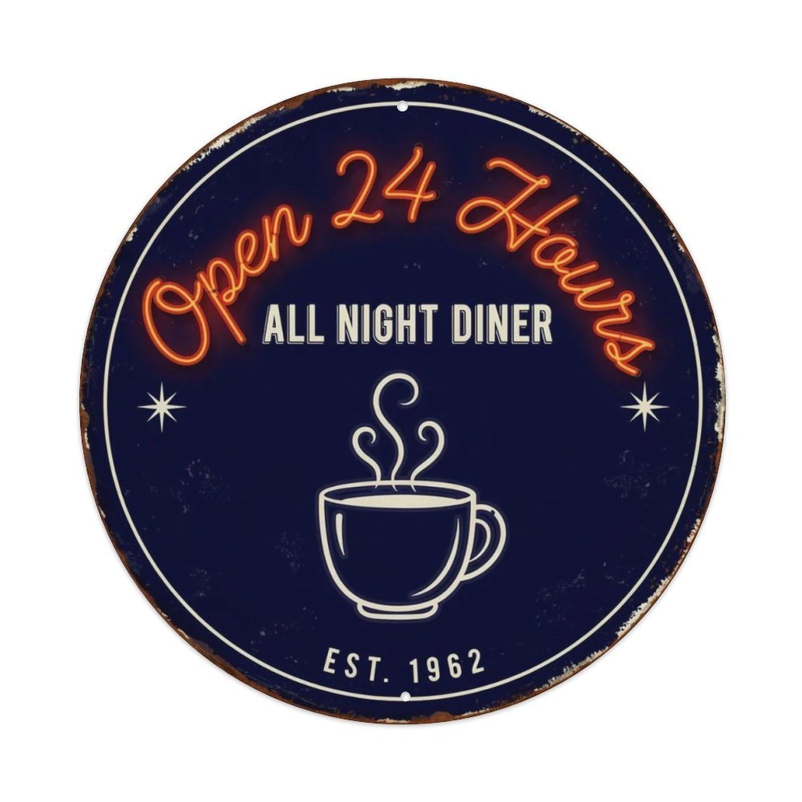 Open 24 Hours Diner Metal Tin Sign Plaque