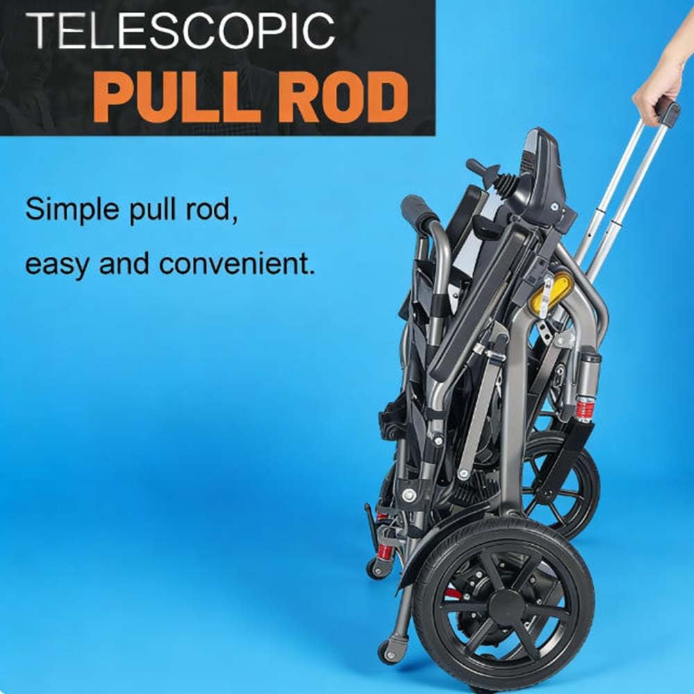 Silla de ruedas eléctrica plegable, portátil y ligera con barra de tracción: plegado rápido en 3 segundos, ruedas antideslizantes con amortiguación, capacidad de carga de 150 kg, diseño compacto para