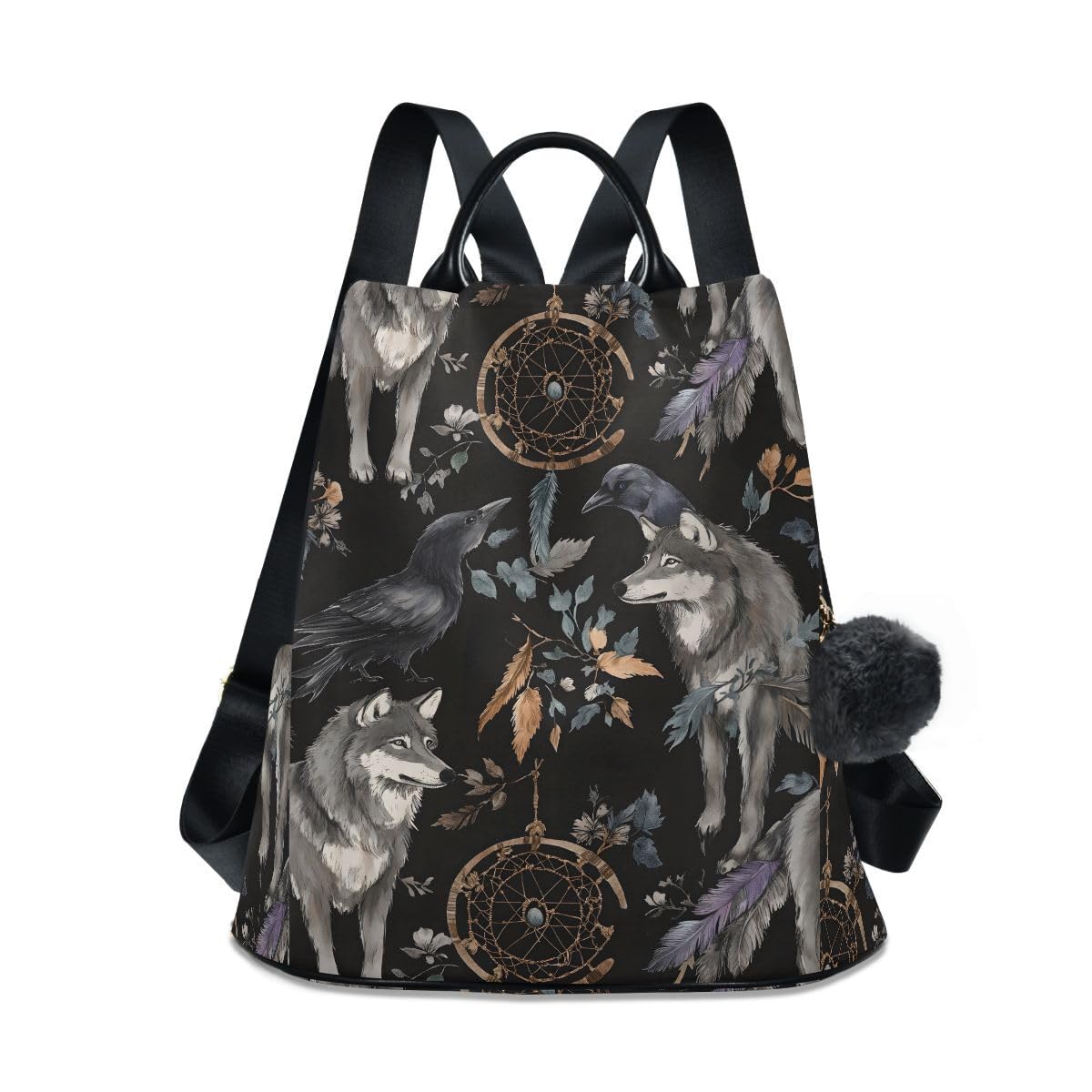ALAZA Watercolor Black Raven and Wolf Boho Backpack Purse
