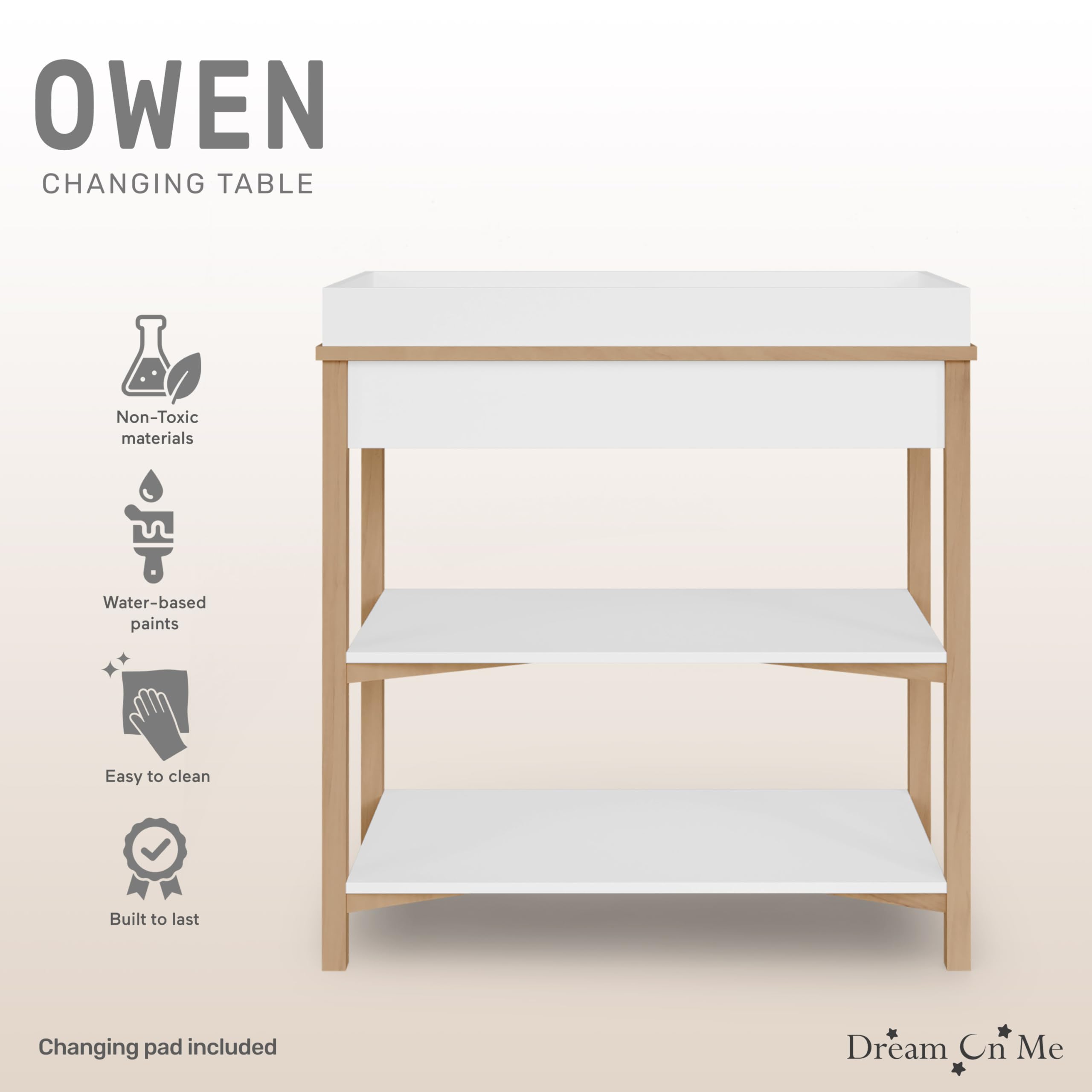 Dream On Me Owen Changing Table in Vintage White Oak, JPMA Certified, with Two Bottom Shelves for Storage.