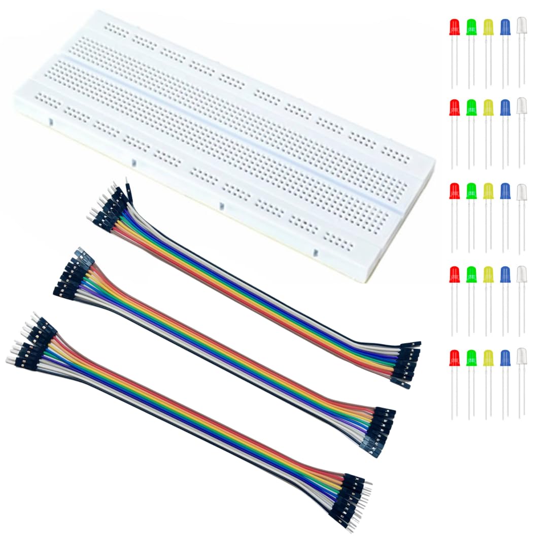 breadboard 840 points with jumper wires (10 m to m, 10 m to f, 10 f to f) and 5mm leds (red, green, yellow, white, blue)