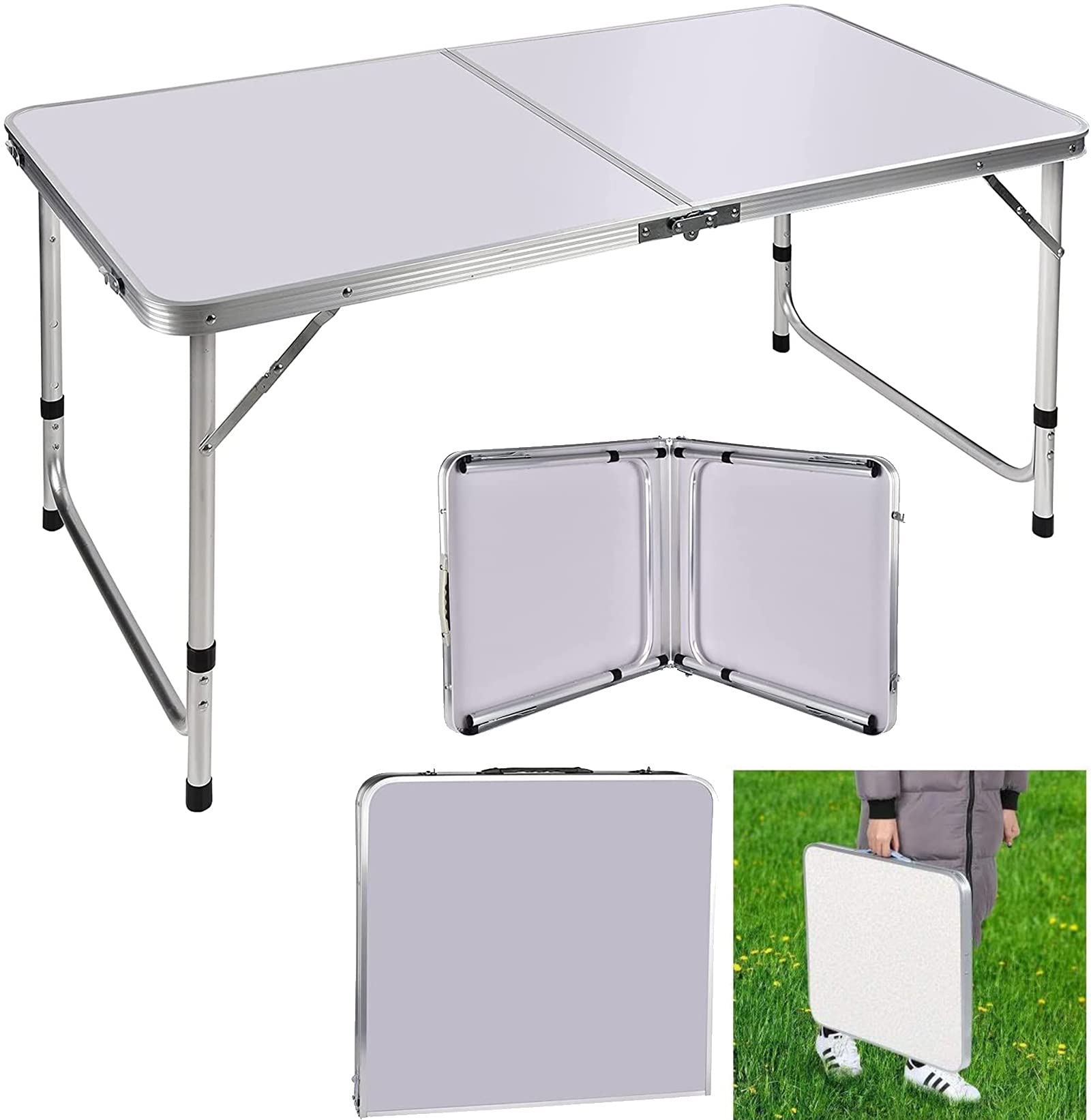 3ft Adjustable Height Folding Table, Aluminium Foldable Portable Camping Picnic Table for Outdoor Indoor Kitchen Garden BBQ Party, Compact Small Save Space Fold Up Home & Office Computer Table