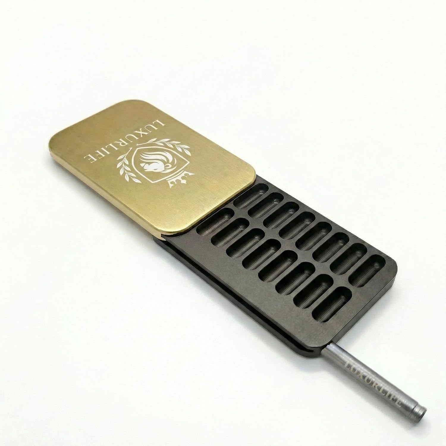 Scatola portaoggetti in lega di alluminio, 8 scomparti, design a 2 file, stemma leone con incisione laser, set regalo portatile (champagne olive duo)