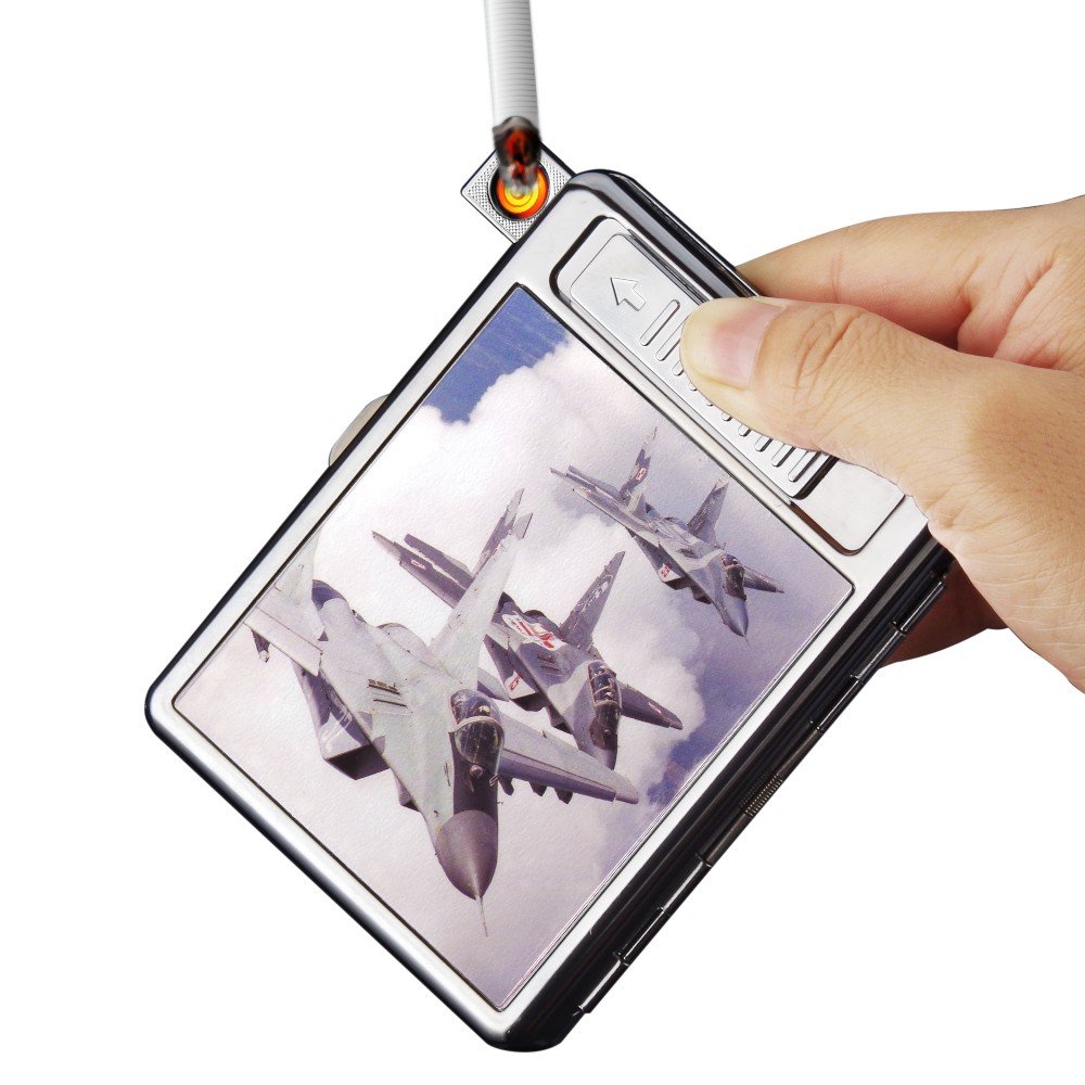 Cigarettes Case Box with Lighter Metal Full Pack 20 Regular Cigarettes USB Lighter Portable Rechargeable Flameless Windproof Electric Cigarette Lighter (7)