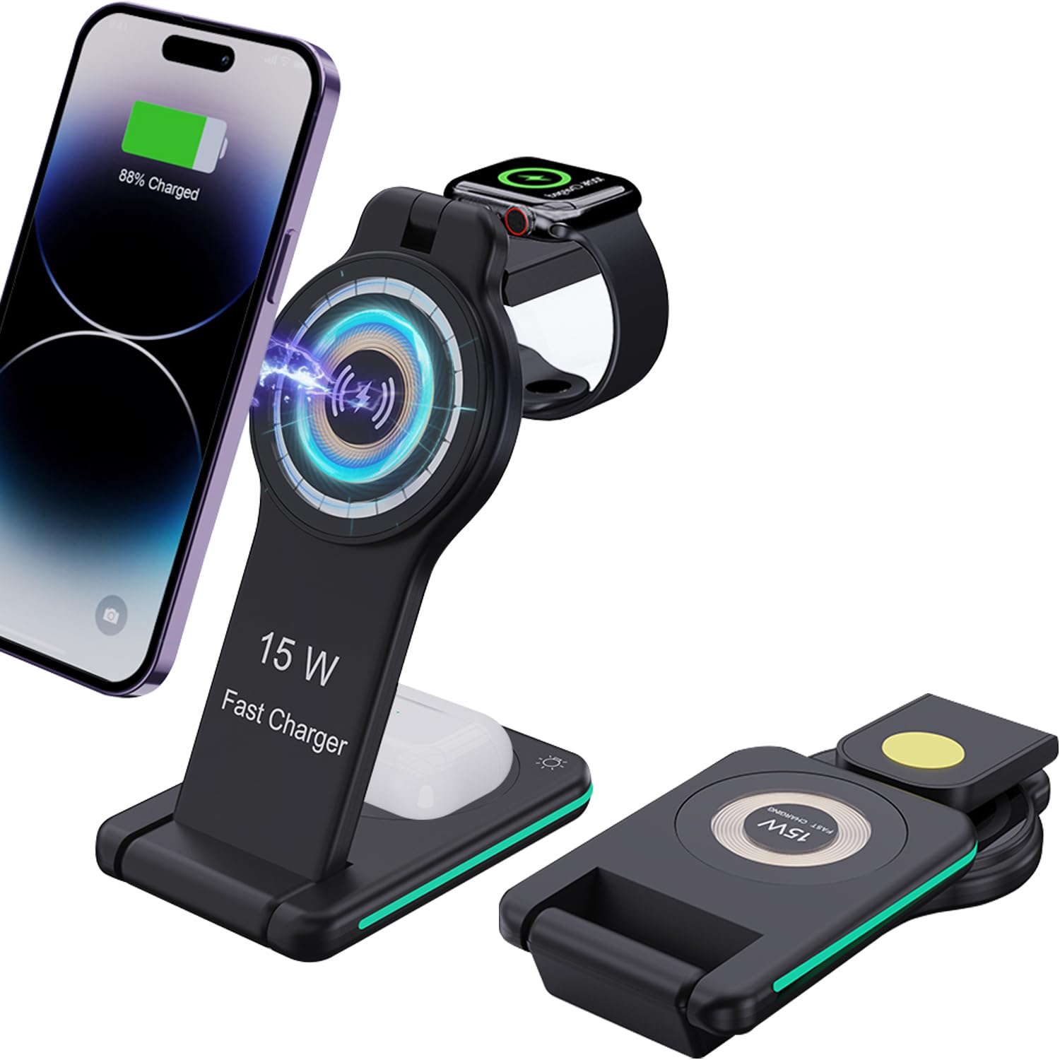 Amozo Wireless Charger 5-in-1 Foldable Compact Magnetic Mag-Safe for iPhone 16/16 Pro/15/15 Pro/14/13/12 Pro, for Airpods 3rd/2nd gen, for Watch Series 9/8/7/6/5/4/SE- H60-(Black) (B0DHGM6WH7) Amazon Price History, Amazon Price Tracker